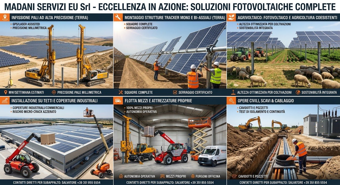 Infografica dei servizi Madani Servizi EU: infissione pali, montaggio strutture e tracker, coperture industriali, flotta mezzi, opere civili e cablaggio